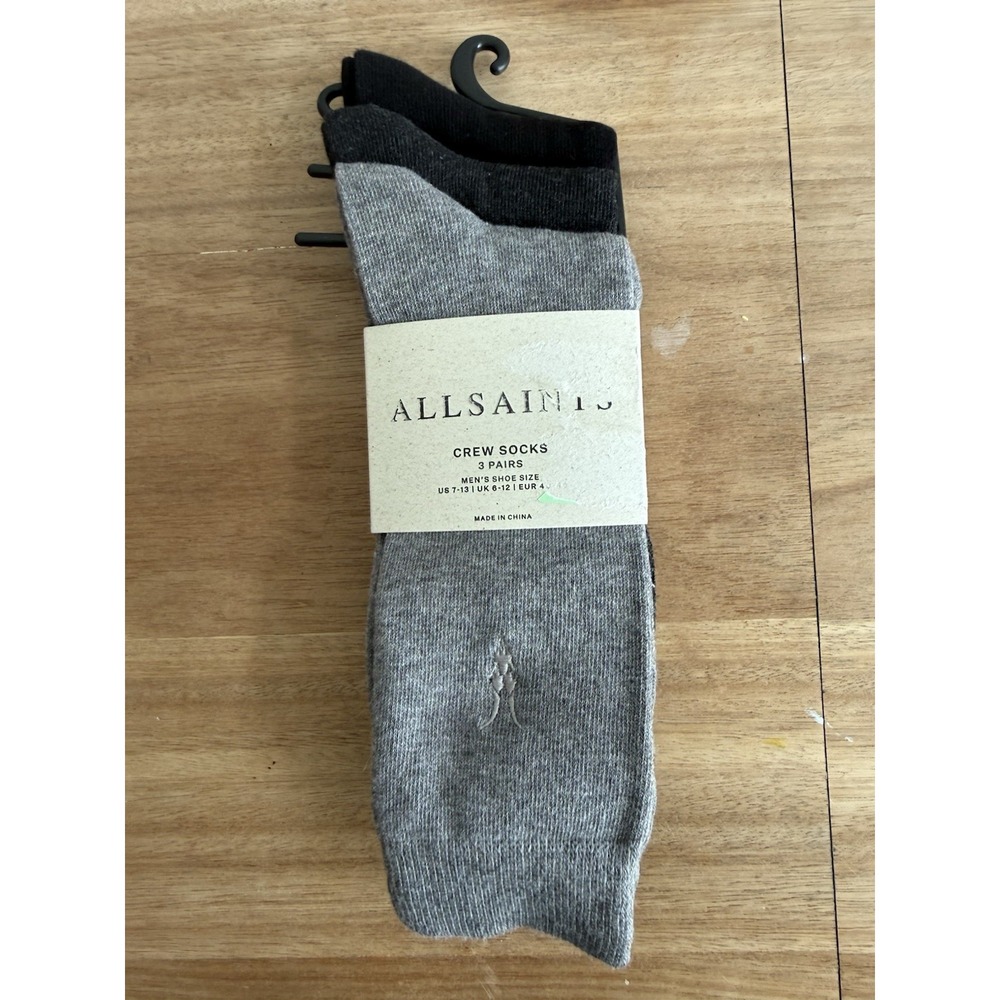 AllSaints Crew Socks 3 Pack Black Gray Men's US 7-13 New With Tags Ramskull